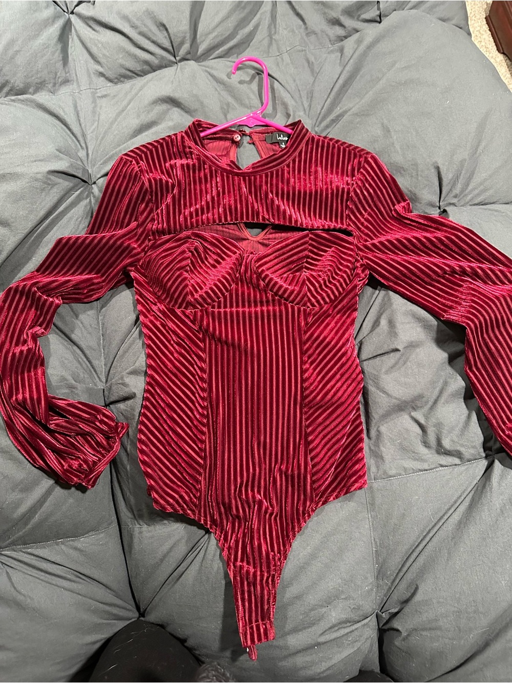 Lulu's Burgundy Velvet Striped Long-Sleeve Bodysuit